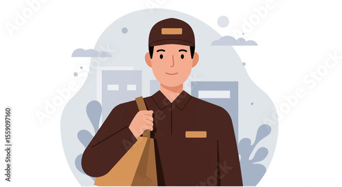 A friendly male delivery service worker in a brown uniform and cap carries a shoulder bag with abstract city buildings in the background, representing efficient logistics.