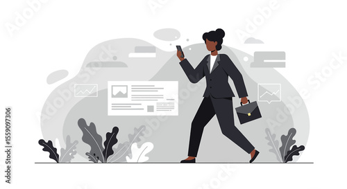 a woman walking with a briefcase and a phone