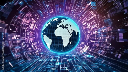 Global Network: Digital Earth in a Futuristic Tunnel