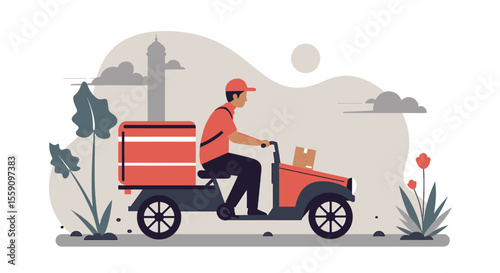 a delivery person on a motorbike, carrying a package, with a city skyline in the background. Suitable for landing page, banner, marketing, web design, presentation, infographic, etc.