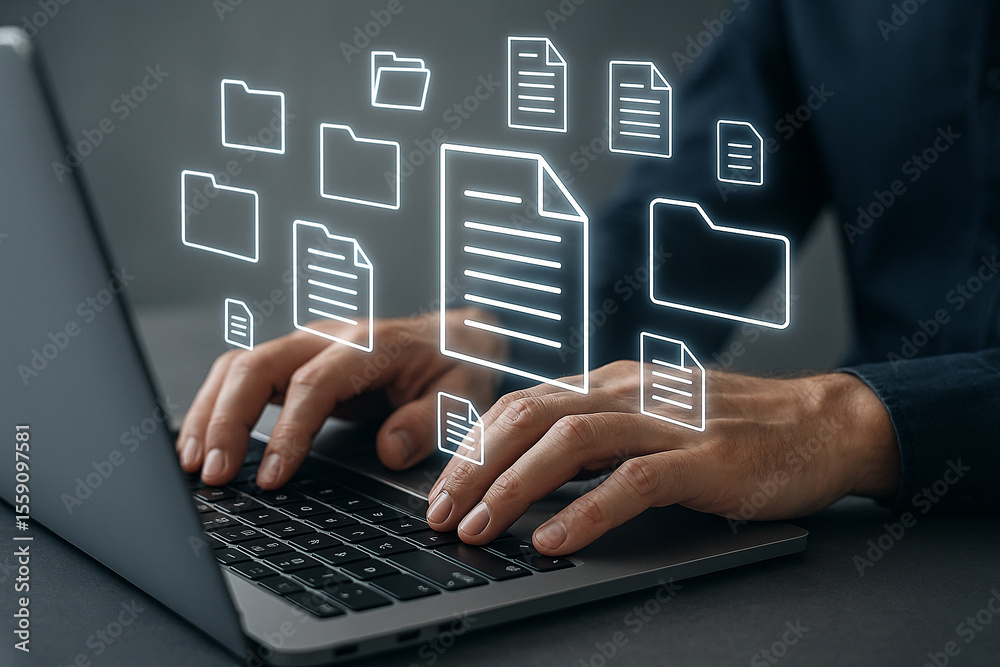 Fototapeta premium Digital document management system using laptop for file storage and data organization online now 100