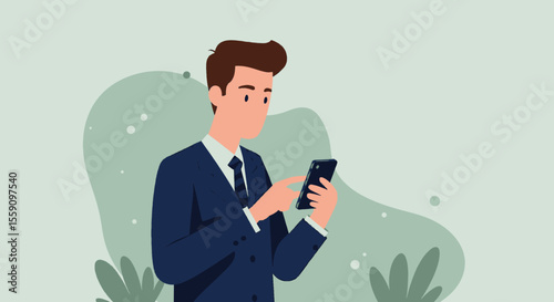 A man dressed in a suit is standing outdoors, focused on his smartphone, which he holds in his right hand. Suitable for landing page, banner, marketing, web design, presentation, infographic, etc.