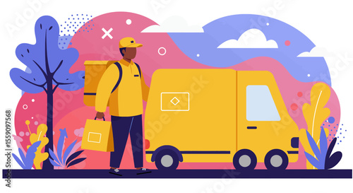 a delivery person in a yellow uniform carrying a bag, walking next to a yellow delivery truck with a logo. Suitable for landing page, banner, marketing, web design, presentation, infographic, etc.