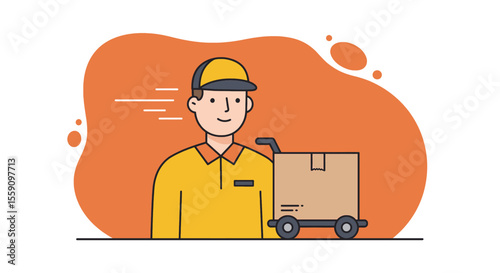 a delivery person in a yellow uniform and cap standing next to a cardboard box with wheels. Suitable for landing page, banner, marketing, web design, presentation, infographic, etc.
