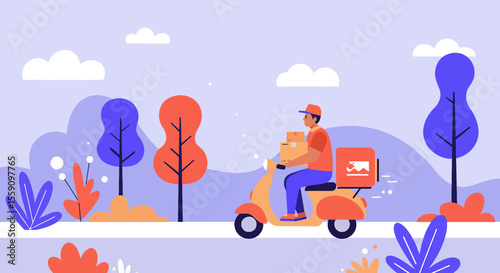 a delivery person on a motorbike, carrying packages, with a backdrop of stylized trees and a cloudy sky. Suitable for landing page, banner, marketing, web design, presentation, infographic, etc.