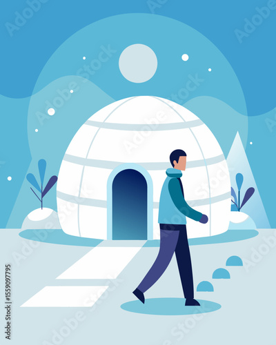 The sound of snow crunching underfoot as a person makes their way to their igloo office enjoying the peace and quiet of remote work.. Vector illustration