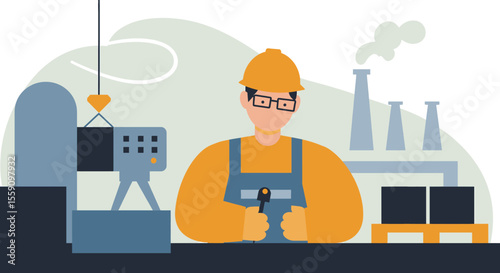 An illustration depicts a factory worker in overalls holding a wrench, overseeing a manufacturing process with machinery and industrial buildings in the background.