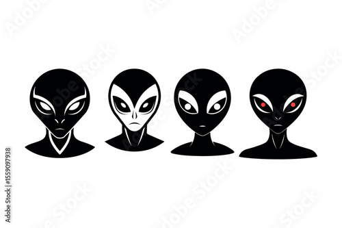 Collection of Four Alien Head Illustrations Black Silhouettes with Varying Facial Features and Expressions, Perfect for Sci-Fi Designs, Extraterrestrial Concepts, or Other Creative Projects.