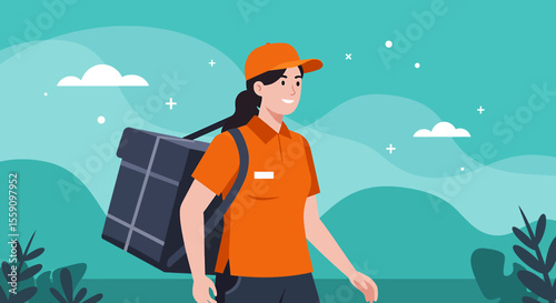 A smiling female delivery worker in uniform carries a large insulated bag on her back while walking outdoors, symbolizing efficient package delivery services.