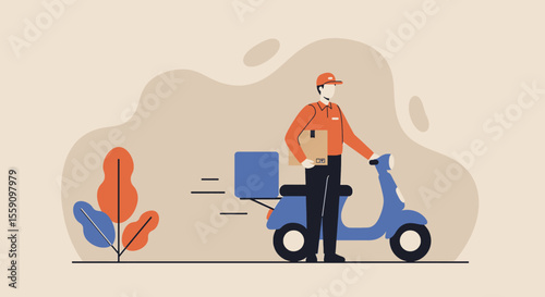 a delivery person in an orange uniform standing next to a blue scooter, ready to deliver a package. Suitable for landing page, banner, marketing, web design, presentation, infographic, etc.