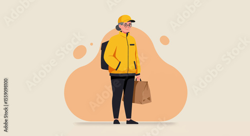 A senior woman, dressed in a yellow delivery uniform, stands with a backpack and paper bag, depicted in a clean, modern flat vector illustration.