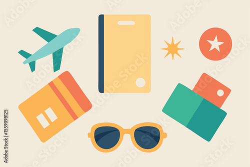 Top-Down Travel Essentials Flatlay – Passport, Sunglasses, Compass, Tickets.