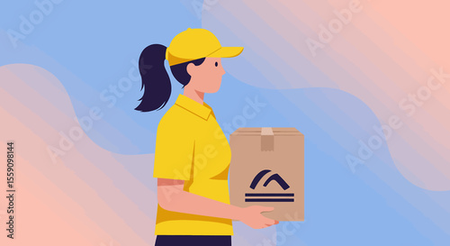 a delivery person in a yellow uniform and cap holding a cardboard box with a logo on it. Suitable for landing page, banner, marketing, web design, presentation, infographic, etc.