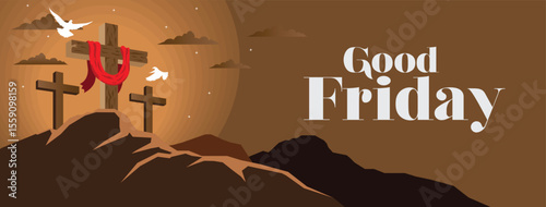 Good Friday banner illustration with cross on the hill. Good Friday vector illustration for christian religious occasion with cross. Can be used for background, greetings, banners, poster, logo.