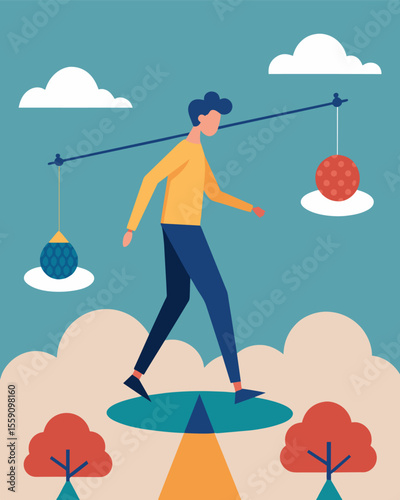 person walking on a tightrope with opposing thoughts and beliefs as weights balancing on either end creating an uneasy sense of cognitive dissonance.. Vector illustration