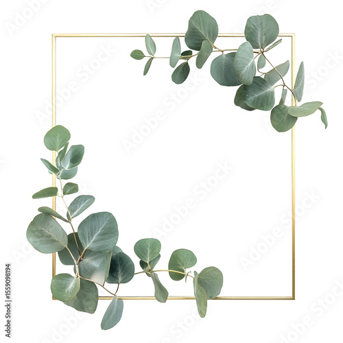Golden frame with eucalyptus leaves on black background a minimalist botanical design
