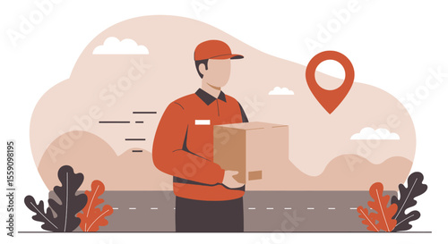 a delivery person in a red uniform carrying a package, with a location pin and a cloudy sky in the background. Suitable for landing page, banner, marketing, web design, presentation, infographic, etc.