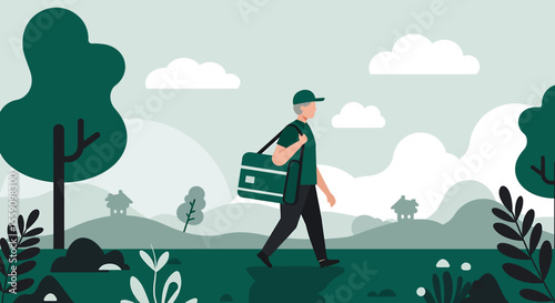 a man walking in a park with a bag over his shoulder, surrounded by trees, bushes, and a cloudy sky. Suitable for landing page, banner, marketing, web design, presentation, infographic, etc.