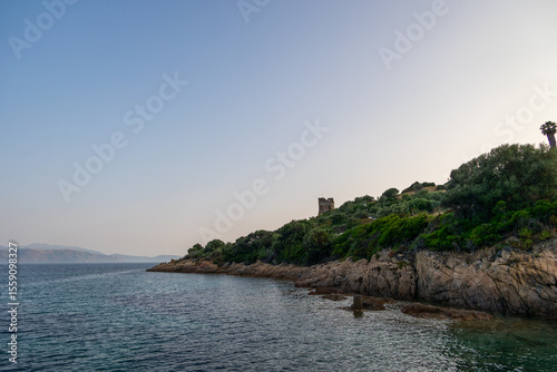 Old Genoese tower on coastal cliff Corsica Sagone 11 June 2025