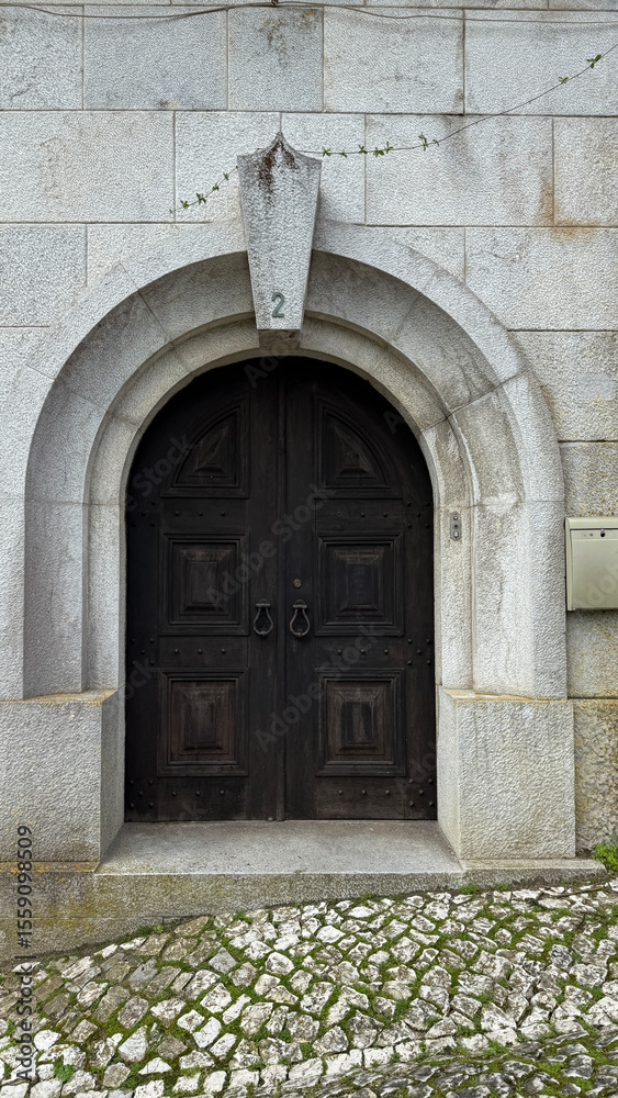 Fototapeta premium Stone archway with ancient wooden doors whispers secrets of bygone eras, perfect for Halloween mystery or Ghost Festival intrigue