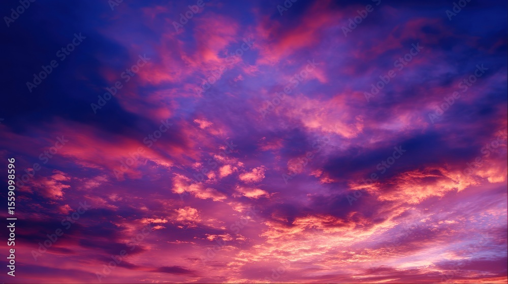 Fototapeta premium Dramatic Purple and Pink Sky with Cumulus Clouds at Twilight Hour Scenery