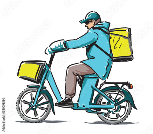 Delivery of ready meals, pizza, fast food, one man on moped riding along  city street, carrying  box groceries, hand drawn realistic vector illustration isolated on white