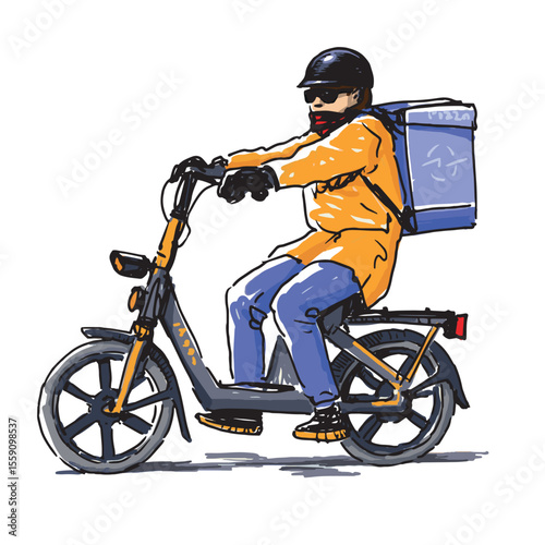 Delivery of ready meals, pizza, fast food,  one man on moped in helmet riding along  city street, carrying  box groceries, hand drawn realistic vector illustration isolated on white