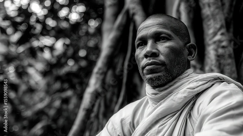Close up of buddhist monk sitting near a tree in Southeast Asia