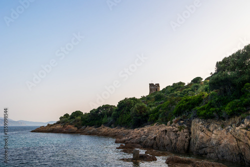 Old Genoese tower on coastal cliff Corsica Sagone 11 June 2025
