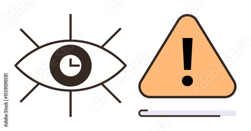Eye with clock symbol for awareness and time perception. Adjacent triangle with exclamation mark highlights caution. Ideal for focus, urgency, deadlines, time management, risk, alertness, simple flat