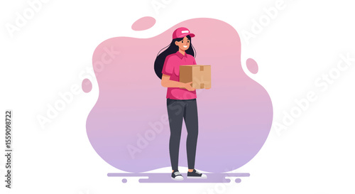 A friendly female delivery worker in a pink uniform stands holding a cardboard box against a colorful abstract background, symbolizing efficient service and modern logistics.