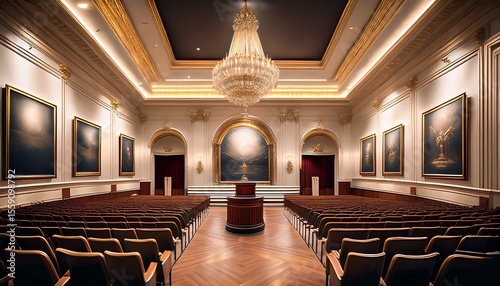 an elegant auction room featuring framed paintings on the walls a podium at the center and rows of empty chairs symbolizing art and exclusivity