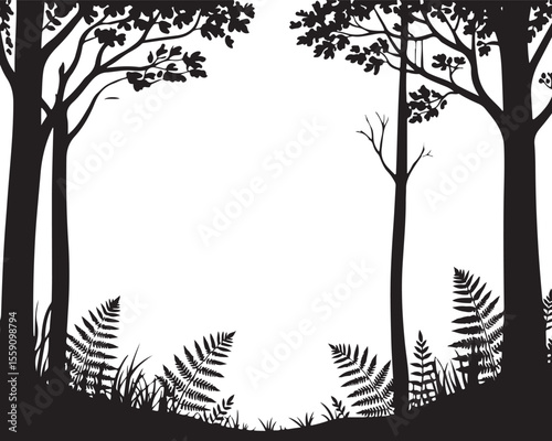 dense pine forest silhouette with open center space, black tree border illustration, wild nature landscape with ferns and tall evergreens
