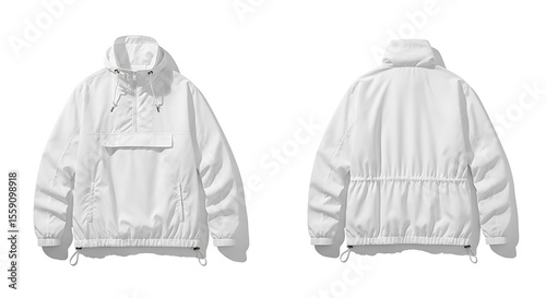 Photo of a white windbreaker jacket is shown in front and back views, isolated on white background