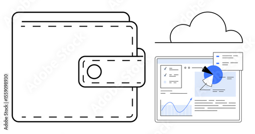 Wallet icon alongside cloud and dashboard with graphs, pie charts, and analytics data. Ideal for fintech, banking, digital payments, data visualization, online transactions, cloud computing simple