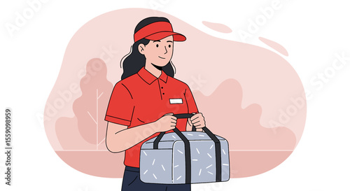 Friendly female delivery person in red uniform confidently carries insulated food bags, ready to deliver orders;  perfect for food delivery service marketing materials, websites, and app design.
