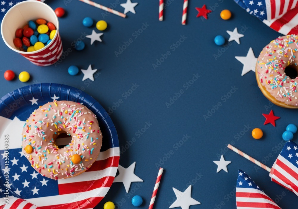 Obraz premium Donuts and american flags create a festive fourth of july scene