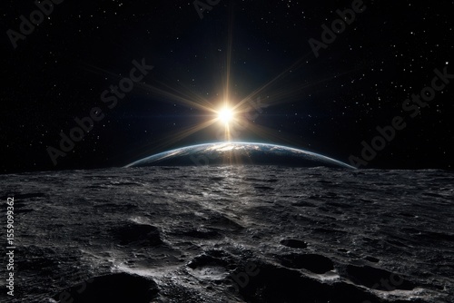 Earthrise View from Lunar Surface with Sunburst in Starry Dark Cosmos