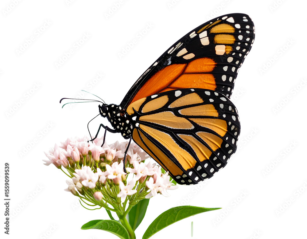 Fototapeta premium Close-Up of a Vibrant Monarch Butterfly on a Flower, Isolated on Transparent Background