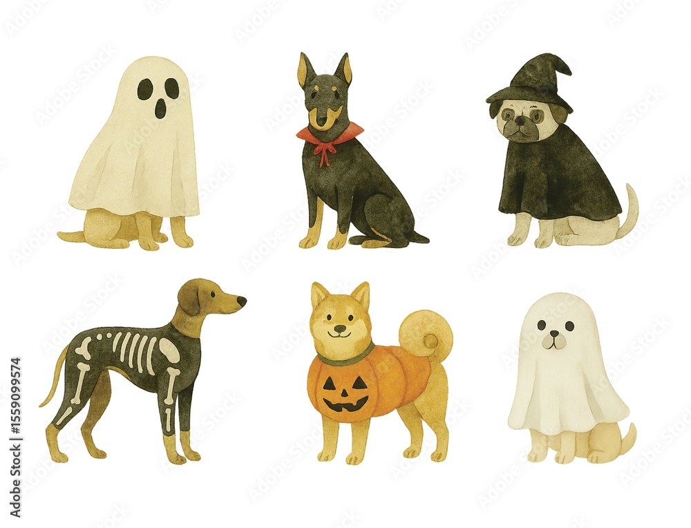 Fototapeta premium Halloween Dogs in Costumes – Ghost, Skeleton, Pumpkin, Witch and Vampire Outfits 