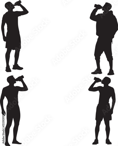Silhouettes of Active People Drinking Water After Workout, Fitness and Hydration Concept for Healthy Lifestyle and Sports Recovery