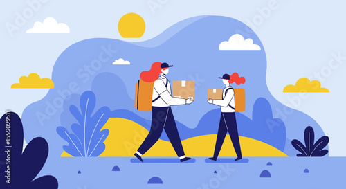 Two delivery people wearing masks and backpacks hand over packages in a stylized outdoor environment with blue sky and abstract plants.