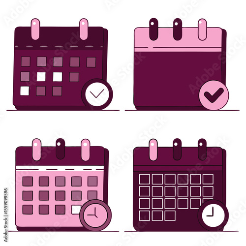Four stylized calendars with clocks and checkmarks on white background