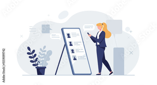 a woman standing next to a phone with a list on it