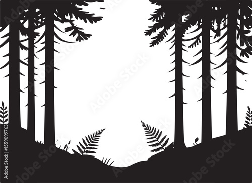 dense pine forest silhouette with open center space, black tree border illustration, wild nature landscape with ferns and tall evergreens
