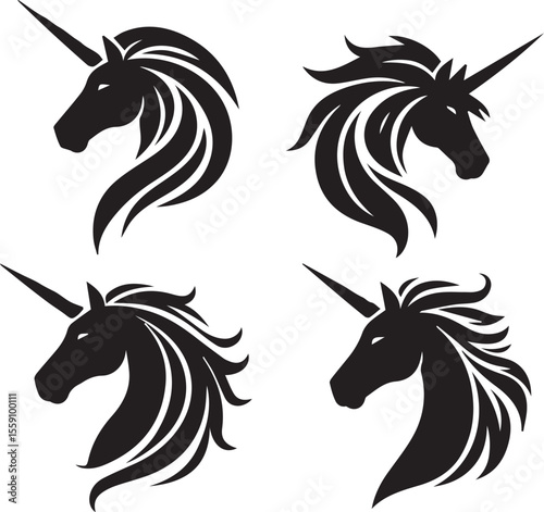 set of black and white Unicorns Silhouette