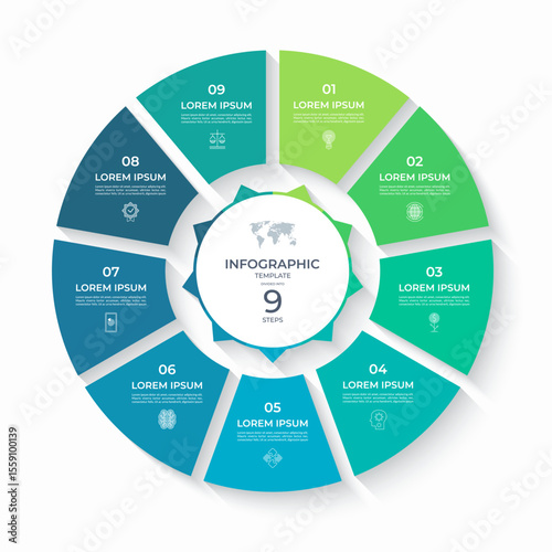 Vector infographic circle divided into 9 steps. Cycle diagram with 9 options. Round chart that can be used for report, business analytics, data visualization and presentation, educational content.