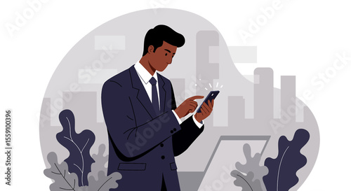 a man in a suit standing in front of a cityscape, engrossed in his phone. Suitable for landing page, banner, marketing, web design, presentation, infographic, etc.
