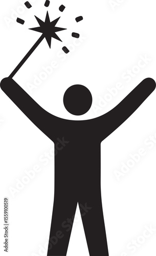 Silhouette of a Person Holding a Magic Wand with Sparkles, Symbolizing Fantasy, Magic, and Creativity Concept for Fantasy Illustrations and Holiday Themes