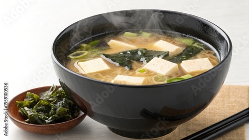 Steaming hot miso soup tofu seaweed scallions image